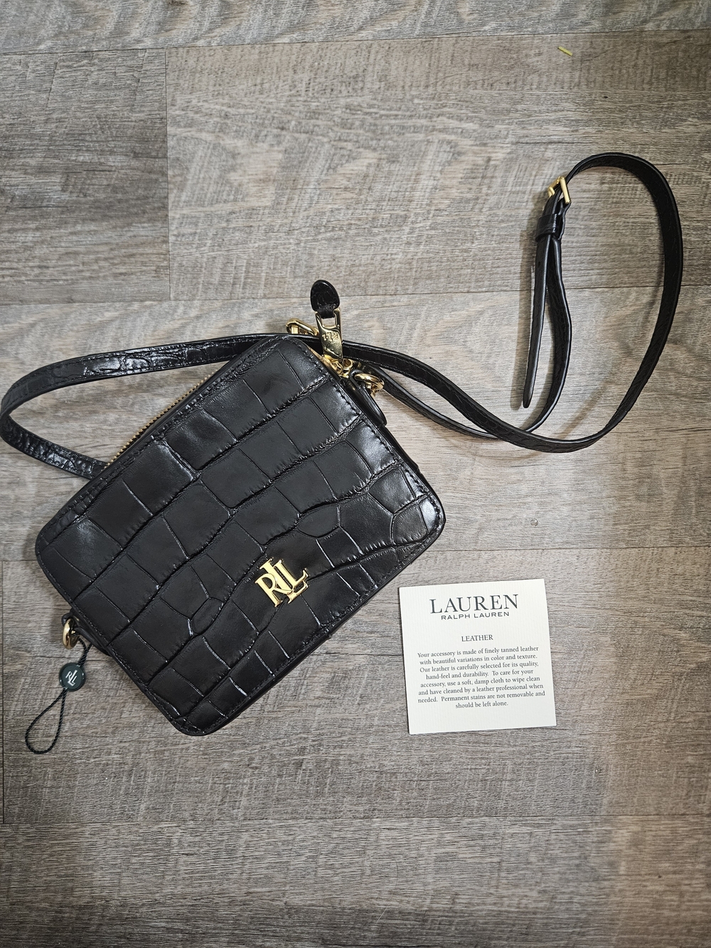 Ralph Lauren Black Croc-Embossed Crossbody with Gold RL Logo